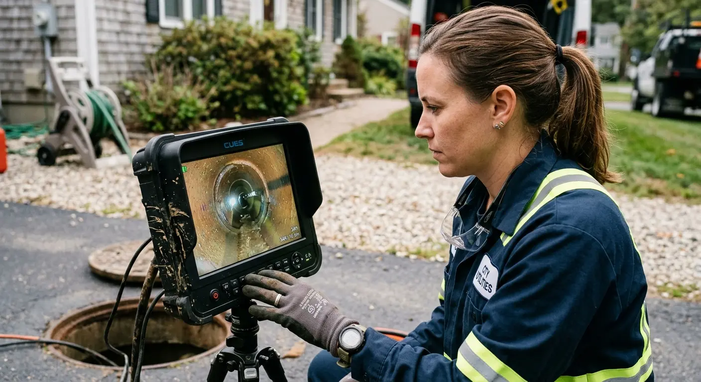 Technician reviewing sewer camera inspection footage in Burien