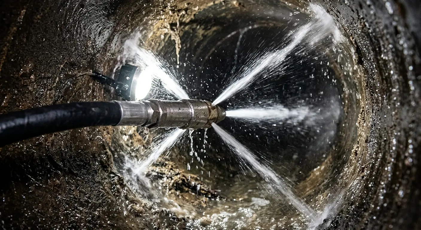 High-pressure hydro jetting nozzle cleaning sewer pipe for Emergency Drain Service in Burien