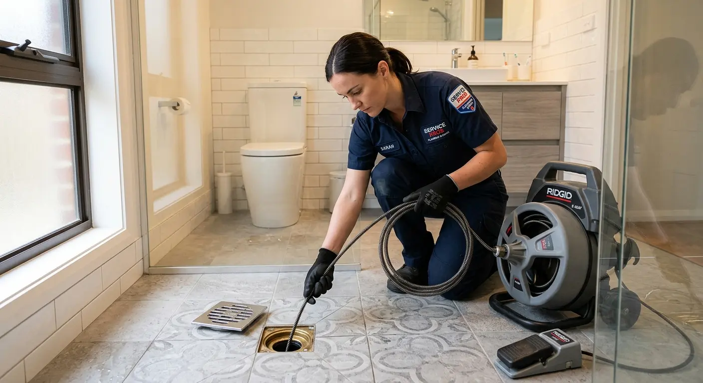 Technician clearing a bathroom floor drain for Hydro Jetting in Burien